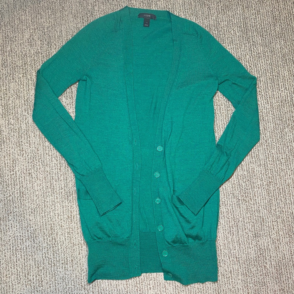 J Crew Womens XXS Merino Wool Knit Long Cardigan Sweater V Neck Kelly Green